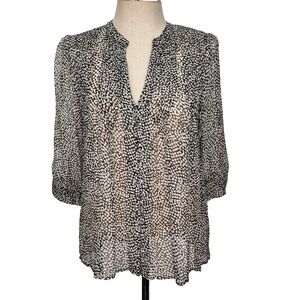 Joie Laurel Silk V-Neck Blouse S Black White Semi Sheer Button Front Flowy‎